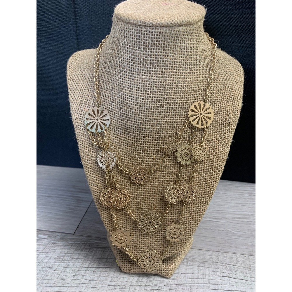 Gold Tone Multi Strand Filigree Floral Layered Necklace 16 Inch Bohemian Style